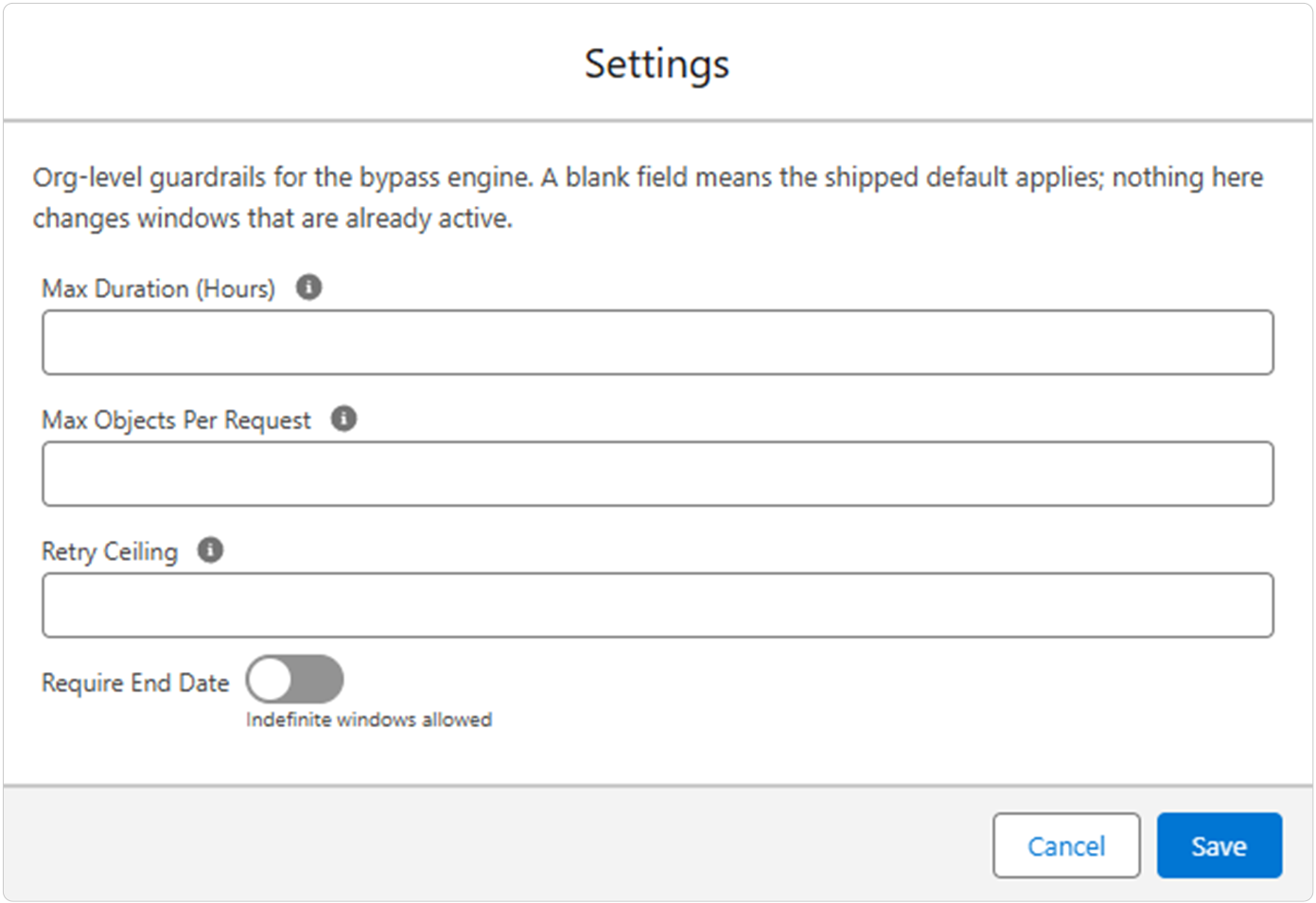 The Bypass Org Settings screen