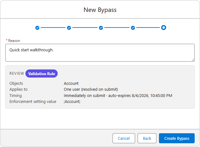 The New Bypass wizard filled in for the quick start